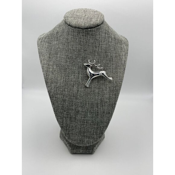 Christmas Reindeer Buck Shiny Silver Tone Brooch 2" Holiday - Picture 3 of 8